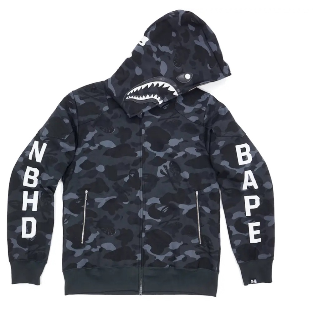 BAPE x Neighborhood Camo Shark Full Zip Hoodie Mens XXL Fits L